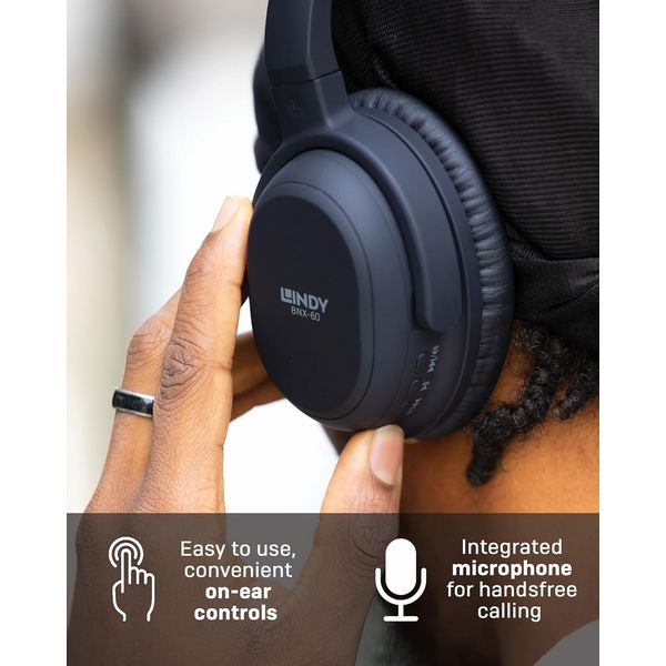 Lindy BNX-60 - Wireless On-Ear Active Noise Cancelling Headphones - Black