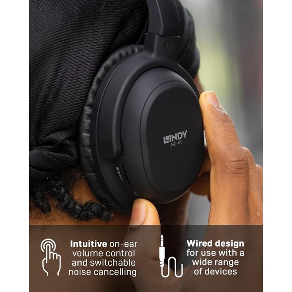 Lindy NC-60 Wired On-Ear Active Noise Cancelling Headphones